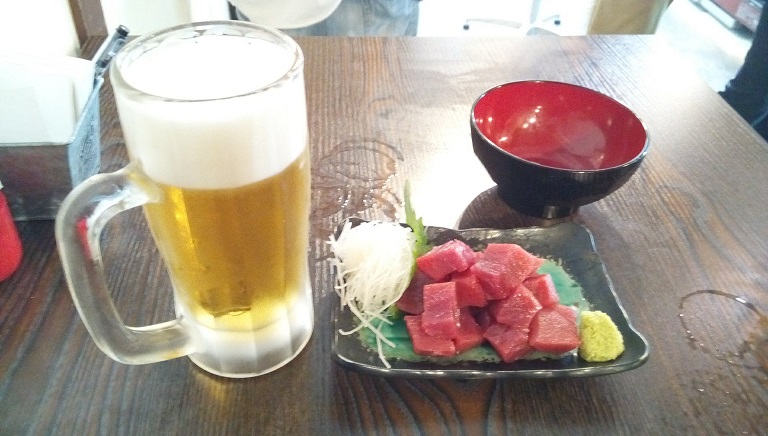 the cold beer and tuna sashimi